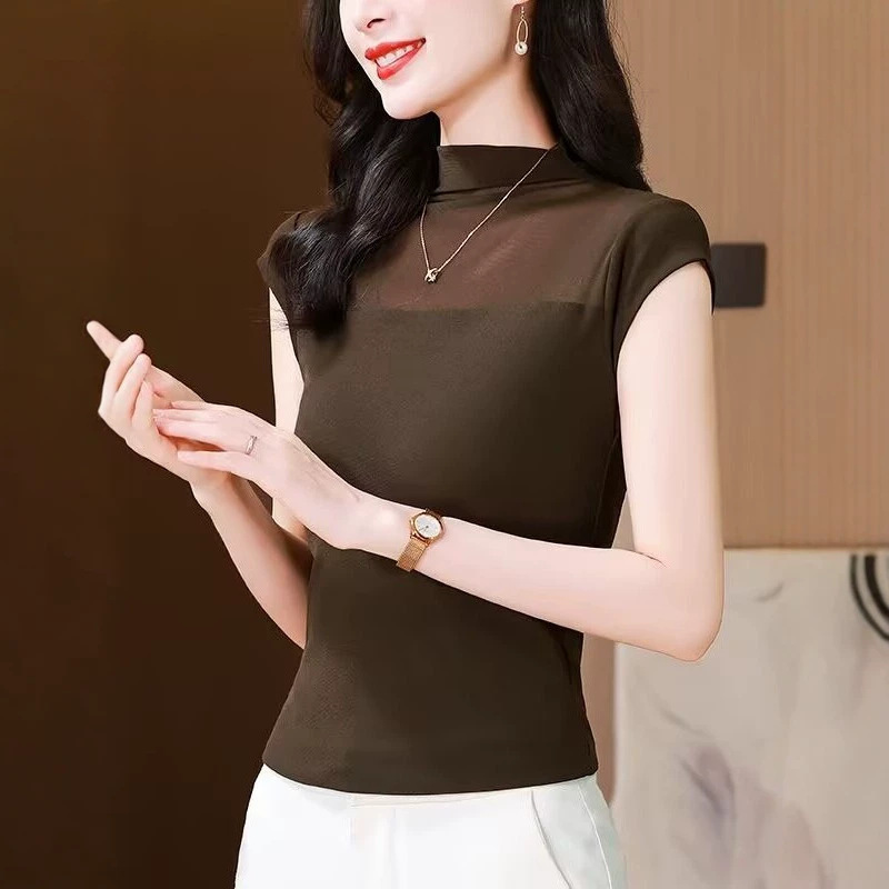 Ningxin Yi Mesh Patchwork Half-Turtleneck Sleeveless T-Shirt for Women, Slim Fit, Summer Thin Base Shirt, Fashionable Women's Clothing Ningxin Yi Mesh Patchwork Half-Turtleneck Sleeveless T-Shirt for Women, Slim Fit, Summer Thin Base Shirt, Fashionable Women's Clothing