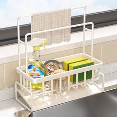キッチンカウンタートップ二重ポール排水ラック、シンク雑巾ラック、家庭用シンクサイド食器洗い布スポンジ収納バスケット、排水バスケット
