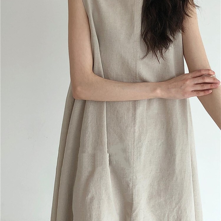 Spot Cross-Border Dropshipping Korean Chic Style Loose Hem Sleeveless Pumpkin Color Long Cotton and Linen Dress Spot Cross-Border Dropshipping Korean Chic Style Loose Hem Sleeveless Pumpkin Color Long Cotton and Linen Dress