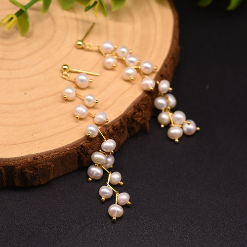 天然淡水珍珠耳环高级感长款耳钉流苏复古手工耳饰品镀18k金保色