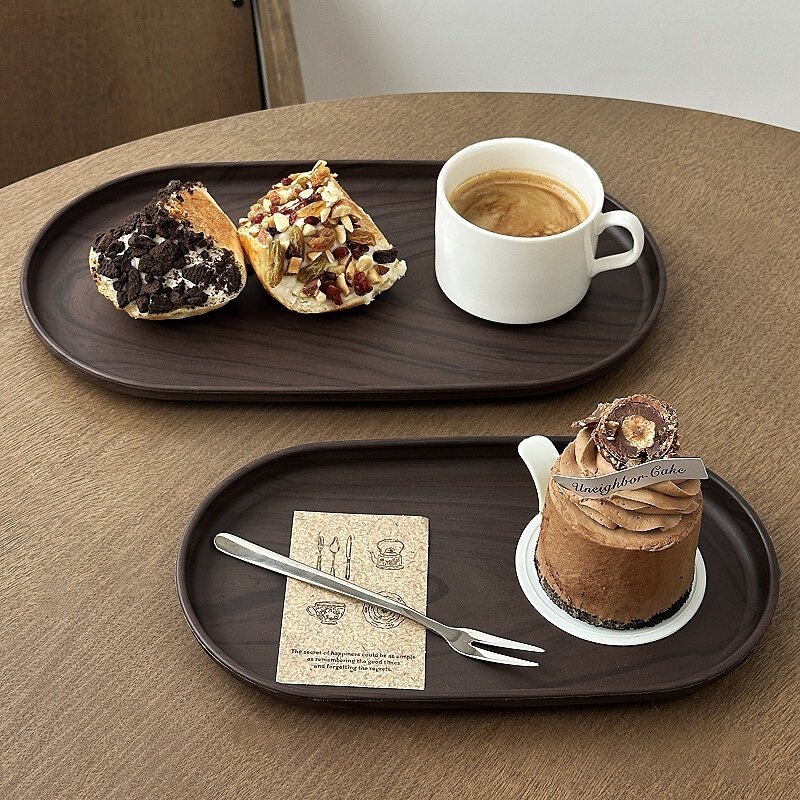Walnut-Colored Oval Tray, Small Plate for Tea Cups, Snacks, Cakes, Dessert Tray for Cafes, Storage Tray, Tea Tray Walnut-Colored Oval Tray, Small Plate for Tea Cups, Snacks, Cakes, Dessert Tray for Cafes, Storage Tray, Tea Tray