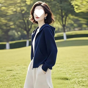 2025 Popular Spring Clothing for Small People, Casual Thin, High-End, Light and Mature Style, Navy Blue Sweatshirt Jacket for Women