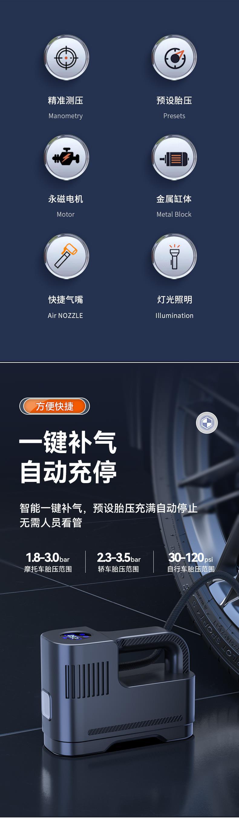 Portable multifunctional car air pump, car tire inflator, air compressor, inflator, pump