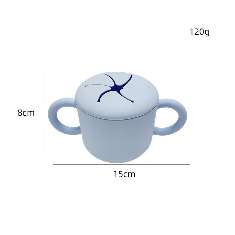 Doble oreja de tipo pétalo abierto de silicona snack taza con mango bebé snack caja creativa beber taza en stock