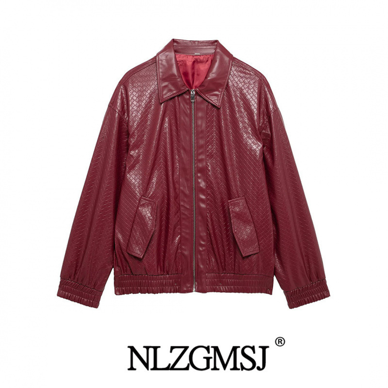 Spring 2025 New Women's Clothing European and American-style Simple Faux Woven Leather Bomber Jacket Loose Coat