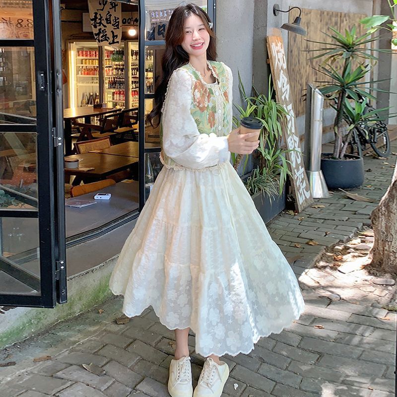 提花马甲刺绣连衣裙两件套2025春秋新款甜美减龄法式仙女套装裙子|undefined