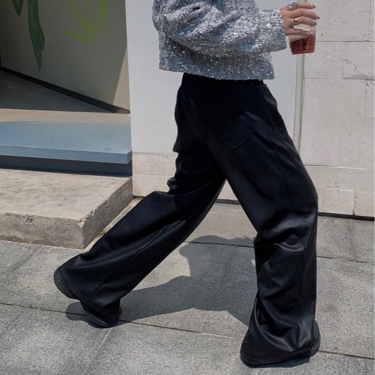小红书推荐韩范酷飒PU皮裤沐泽优质高腰宽松阔腿女裤61626通勤风