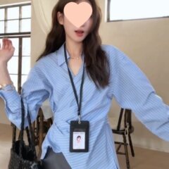 韩系侧边系带收腰交叉小翻领衬衫女早春新款条纹衬衣别致上衣