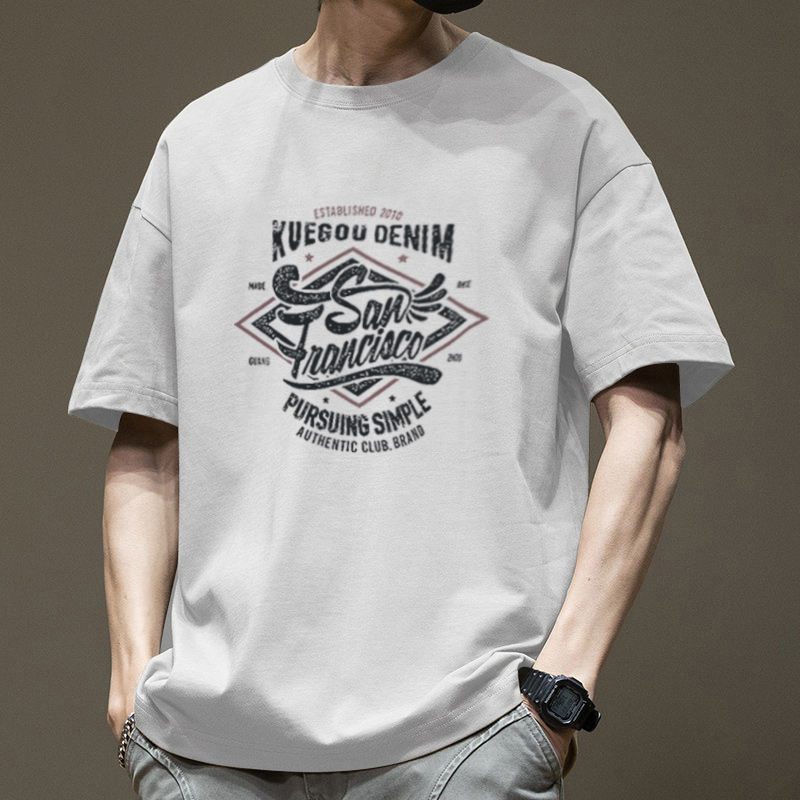 Camiseta de moda nacional blanca manga corta de los hombres media manga suelta impresa retro cuello redondo carta más tamaño americano pesado ins