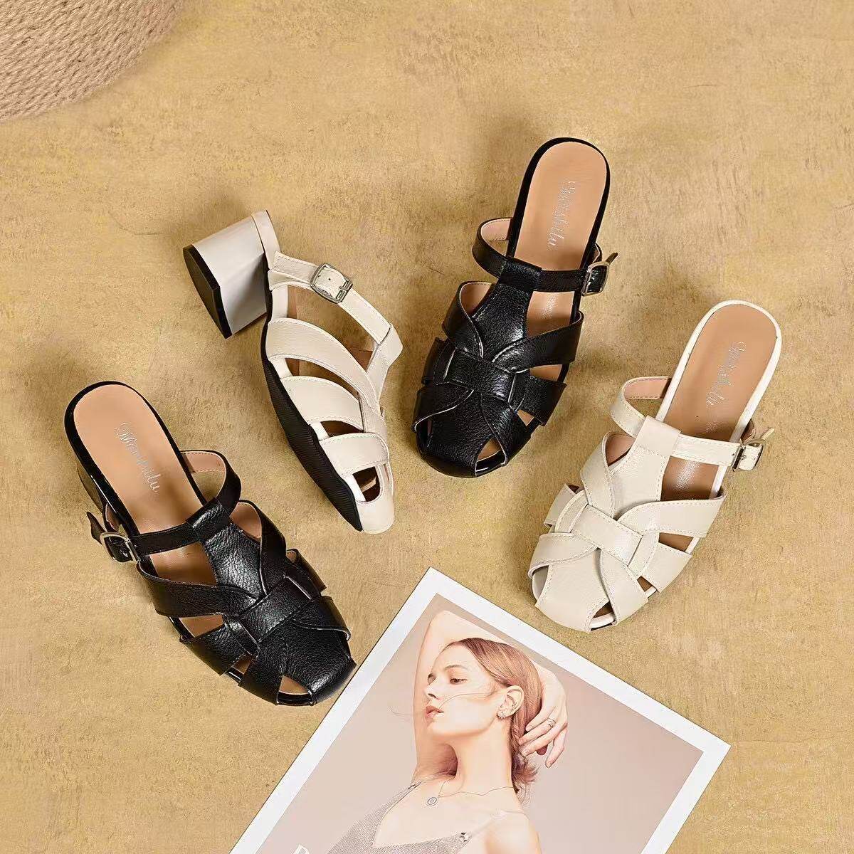 Dép sandal nữ da thật mũi kín gót thô đế thấp chống trượt — màu be chi tiết 9