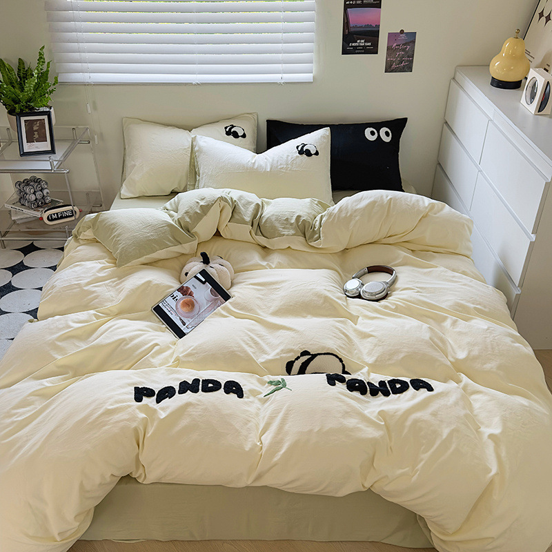 Simple ins toallas de algodón lavados bordadas cuatro piezas sábanas cubiertas cama de dibujos animados dormitorio de tres piezas ropa de cama