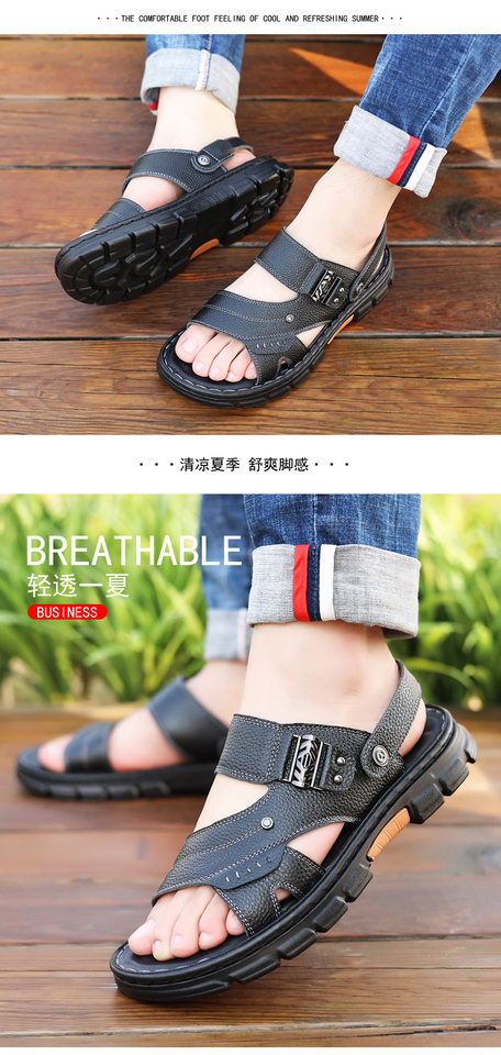 Dép sandal nam da bò đế dày chống trượt kiểu mới mùa hè, dép lê hở ngón mũi tròn — Màu nâu, màu đen chi tiết 21