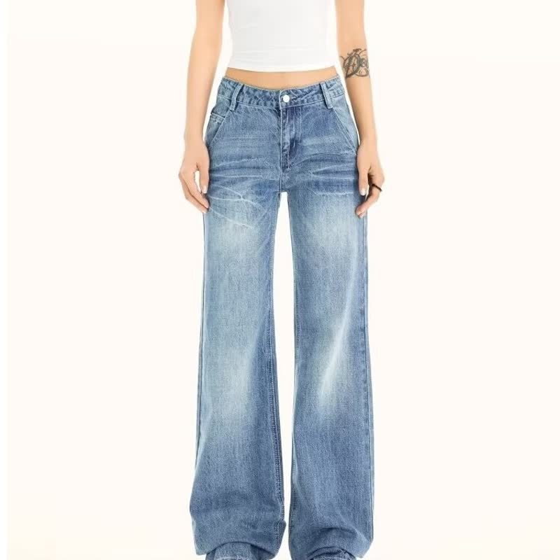 American Retro Cracked Low-Waist Bootcut Jeans for Women in Summer, Thin Design, Slimming Floor-Length Straight Trousers