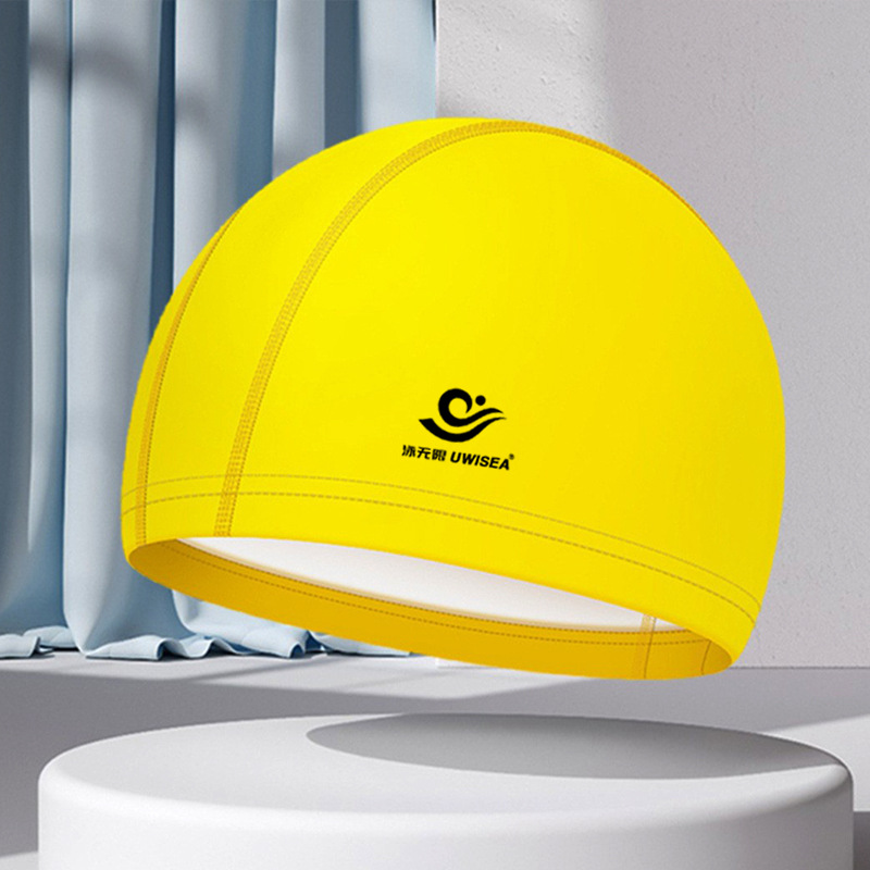 Gorros de natación de PU para hombres y mujeres adultos, personalizables con logotipo, alta elasticidad, cómodos para cabello largo, no aprietan la cabeza, adecuados para estudiantes y niños mayores, gorros de natación impermeables.