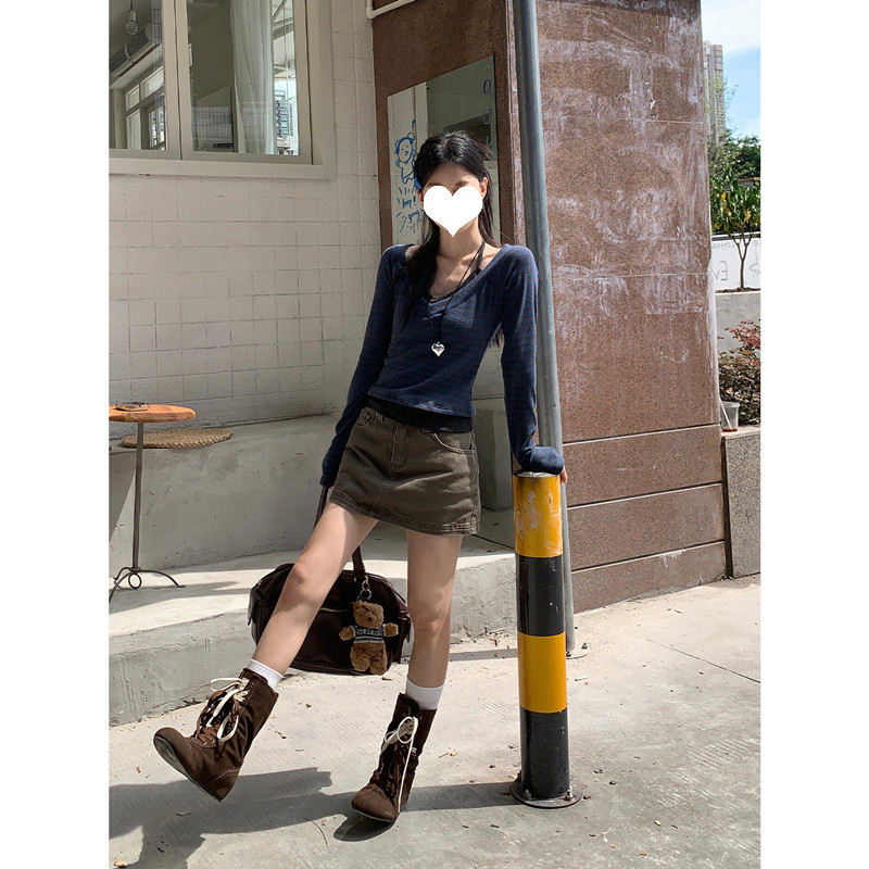 大码胖MM韩系辣妹风假两件条纹拼接T恤女秋季新款修身设计感上衣|undefined