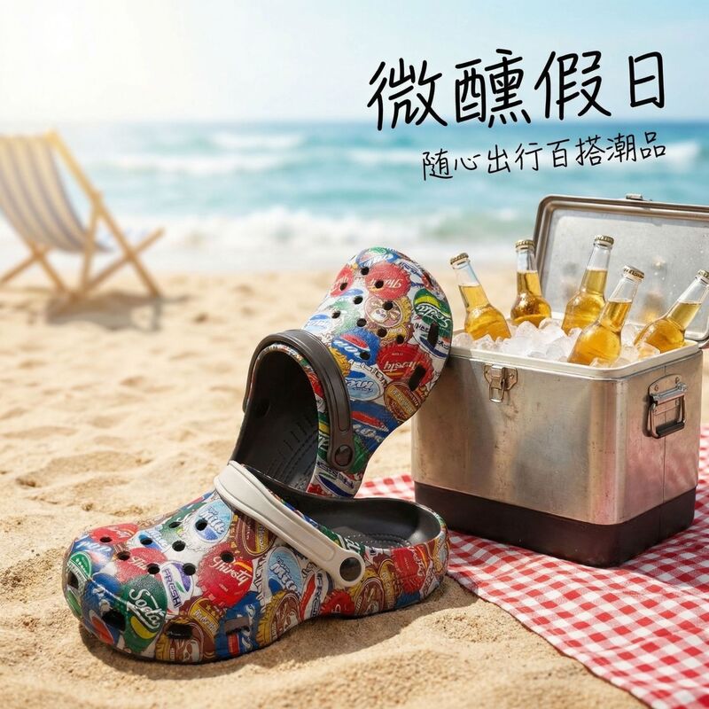 New Style Crocs Shoes with Map Cartoon Print, Beer Cap Design, Versatile and Fashionable Beach Sandals for Men and Women Couples New Style Crocs Shoes with Map Cartoon Print, Beer Cap Design, Versatile and Fashionable Beach Sandals for Men and Women Couples