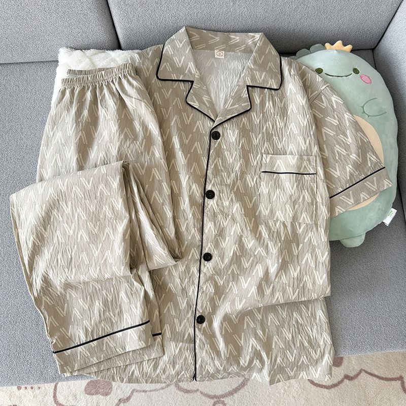 Verano hombre nube algodón corto y largo dos piezas conjunto de pijamas de moda simple con tapa cardigan ropa de hogar se puede usar fuera delgada