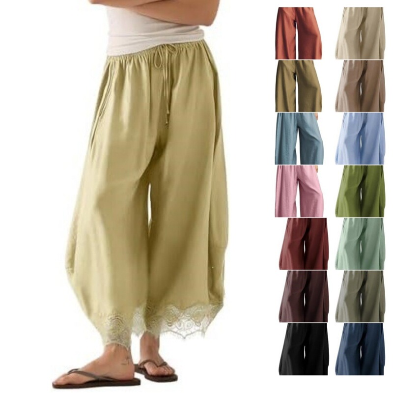 Cross-border European and American women's lace patchwork cropped pants with drawstring, wide-leg casual lightweight curved pants with pockets Cross-border European and American women's lace patchwork cropped pants with drawstring, wide-leg casual lightweight curved pants with pockets