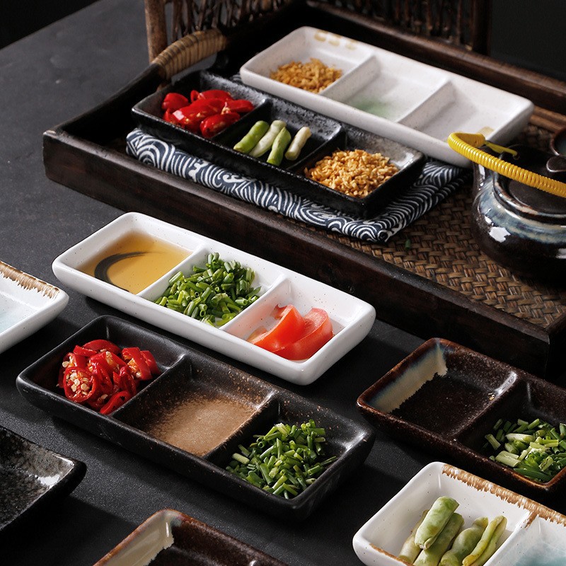 Commercial Minimalist Square Ceramic Multi-Compartment Spice Tray, Japanese Style 8-Inch Three-Compartment Tray, Can Be Used as Sauce Tray and Side Dish Tray