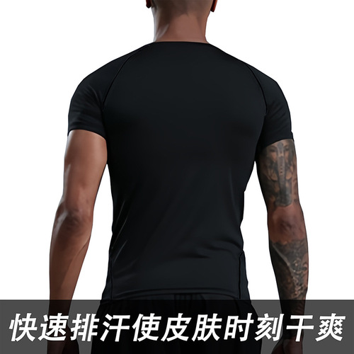 Cross-border European and American size short-sleeved fitness clothing quick-drying tight-fitting sports T-shirt running men's PRO elastic training suit breathable 
