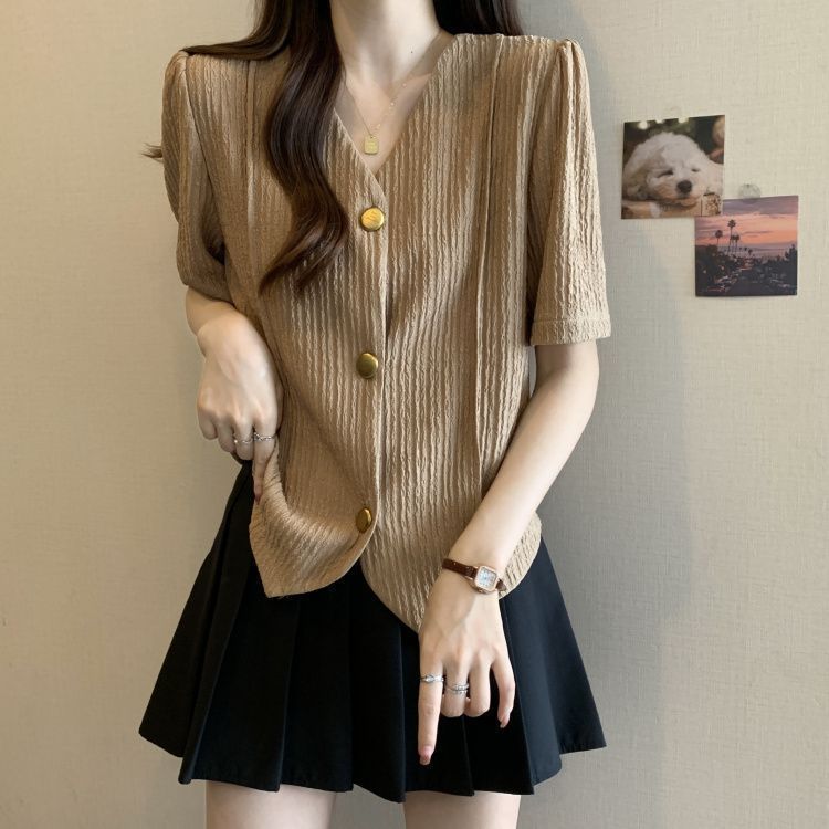 Diseño retro francés sentido irregular camiseta de manga corta verano para mujer nuevo estilo suelto y delgado top de moda de talla grande