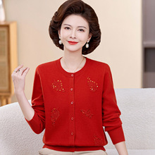 妈妈秋冬纯羊毛针织衫薄开衫时尚绣花中老年洋气羊毛衫100%绵羊毛