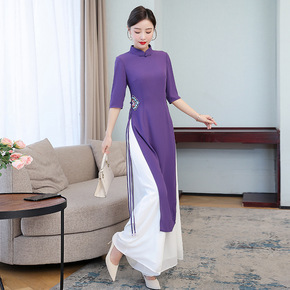 Purple white Chinese dresses for women girls retro cheongsam qipao dresses host singers miss etiquette embroidered cheongsam dress improved Ao Dai pants suit