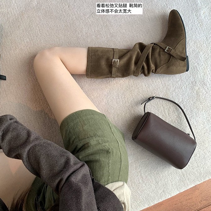 6cm内增高西部牛仔靴子女2025新款韩系圆头扣带柔软褶皱显瘦中筒|undefined