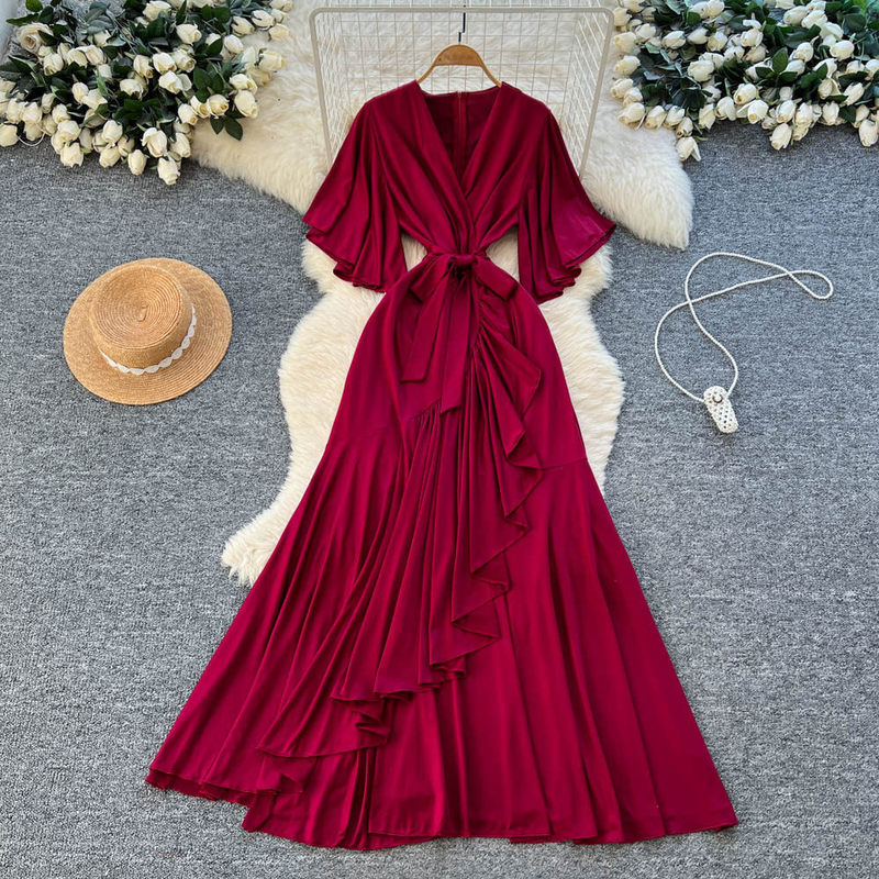 Elegant and Luxurious Dress with a High-End Feel, Niche French Fashion, V-Neck, Bell Sleeves, Tie-Waist, Asymmetrical Long Dress Elegant and Luxurious Dress with a High-End Feel, Niche French Fashion, V-Neck, Bell Sleeves, Tie-Waist, Asymmetrical Long Dress