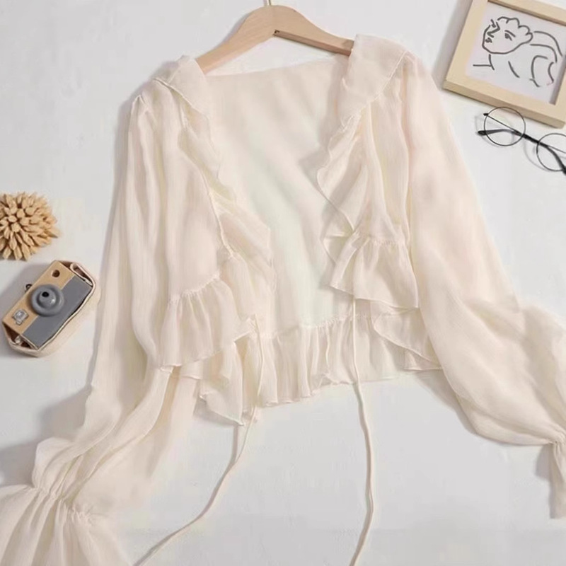 Autumn New Style Gentle and Sweet Fairy-Like Ruffled Knit Top with Design-Inspired Tie and Flared Sleeves Chiffon Blouse for Women