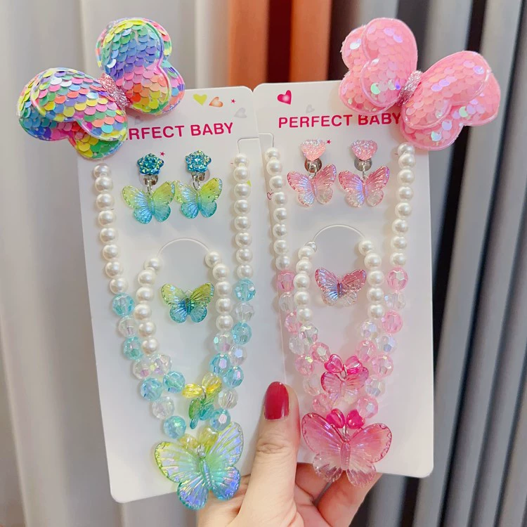 Детский комплект украшений: колье, серьги, кольцо, набор украшений для девочек с милыми мультяшными бабочками, принцесса, колье-ожерелье