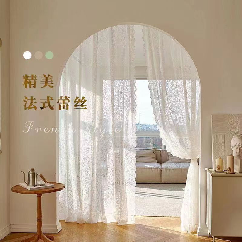 French Retro Lace Curtain Bedroom Balcony Bay Window Screen White Gauze Partition Wavy Lace Country Garden Curtain
