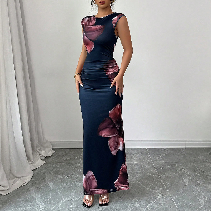 Ruihu 2025 Cross-Border Export European and American Slim Printed Dress Sleeveless One-Step Skirt Dress Hip-Covering Long Skirt Women's Clothing
