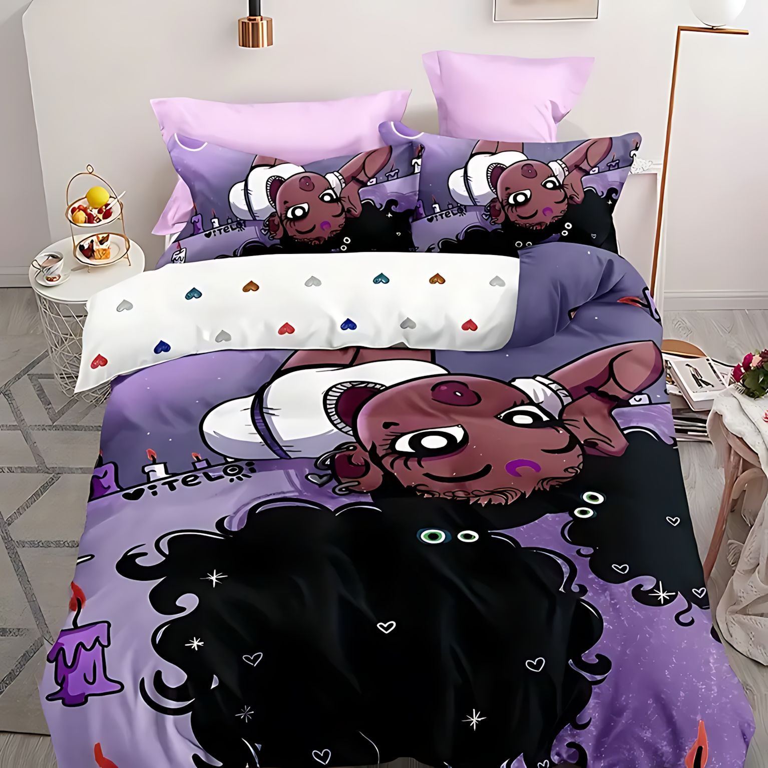 TEMU / JIT juguetón modelo de niña de piel negra impresión digital HD suave y cómodo conjunto de edredón