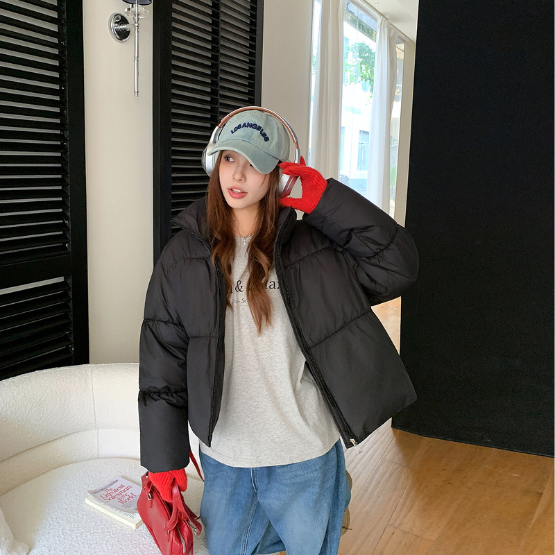 欧货2025圆领带围脖短款棉服女冬季新款宽松加厚面包服外套|undefined