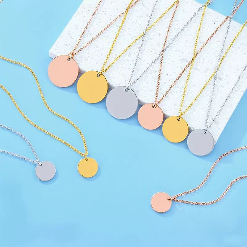 钛钢项链欧美跨境圆形吊坠款空白无字材料节日礼物刻字不锈钢项链