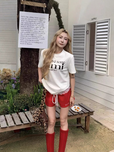 American Retro Round Neck Short Sleeve Women's Summer Letter Print Square Shoulder T-Shirt Casual Vintage Oversized Top