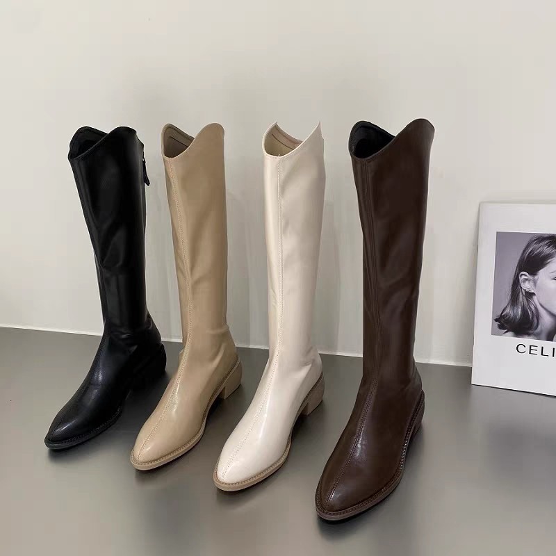 White denim summer demi-season high boots pointed-toe