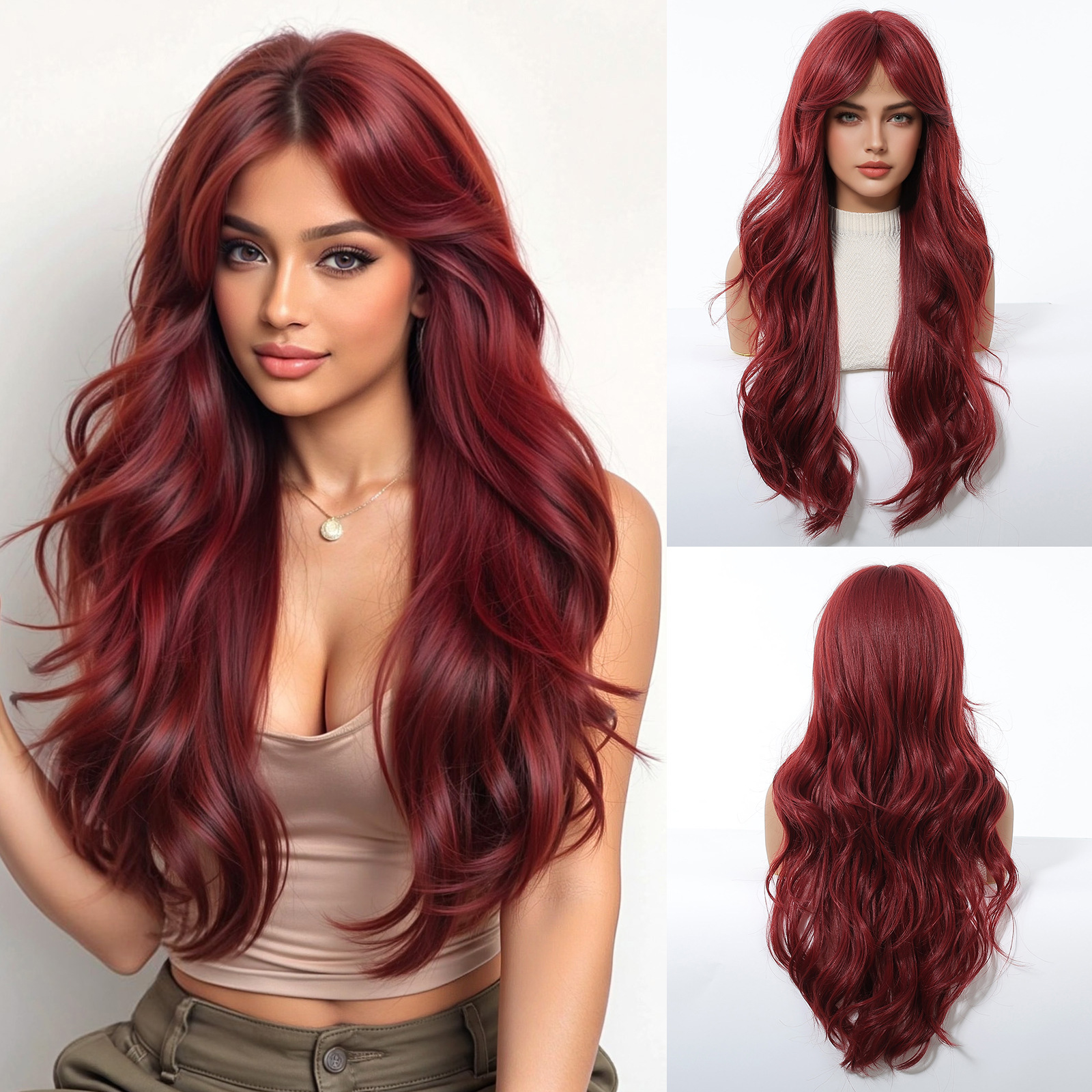 Europa y los Estados Unidos estilo cosplay vacaciones peluca mujer ocho caracteres franja larga rizado mate de alta temperatura fibra química cubierta de cabeza completa