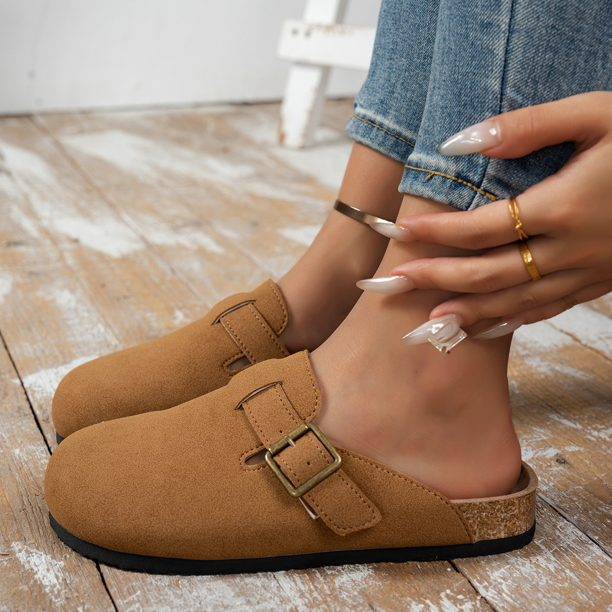 跨境大码2025秋冬季包头半拖鞋女新款厚底外穿勃肯鞋半拖博肯女鞋