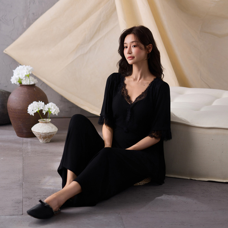 Women's Modal Pajamas Summer High-End Short-Sleeve Nine-Point Pants Black Plus Size Thin Spring and Autumn Home Wear with Chest Pads