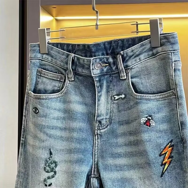 Men's Slim Fit High Stretch Jeans Ripped Embroidery Light Colored Mid Waist Straight Pants Trendy Autumn Trousers_mkmklike.com