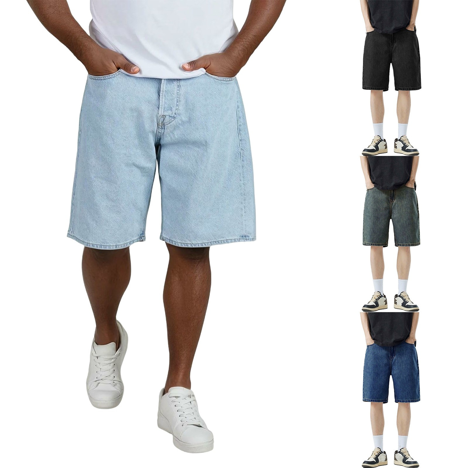 Pantalones cortos vaqueros hombre azul claro algodón elástico_voghion.com