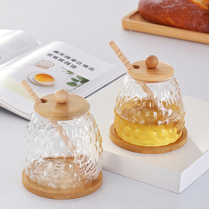 Creative Hammered Household Honey Jar Glass Storage Jar with Lid Glass Stirring Rod High Borosilicate Glass Honey Bottle