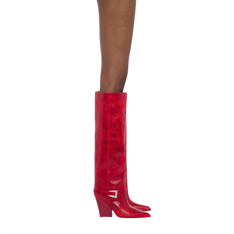 2024 Autumn/Winter Women's Long Boots with Square Toe, Chunky Heel, Slip-On, Straight Red Belt Buckle, Large Size Knee-High Boots