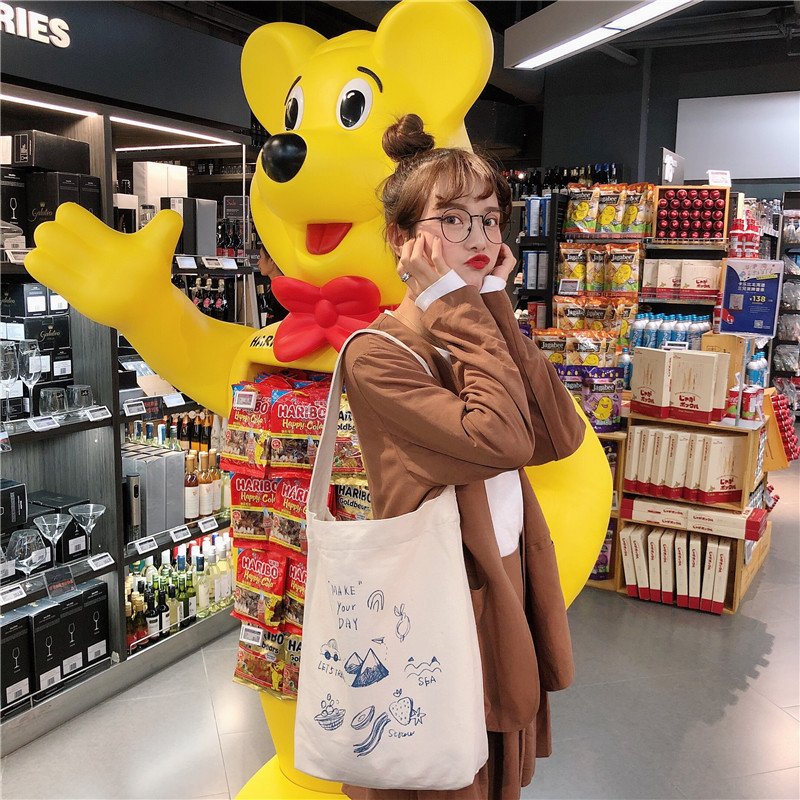 99304 ins single-shoulder hand-carry canvas bag, cute cartoon illustration tote bag for girls, student trend undefined