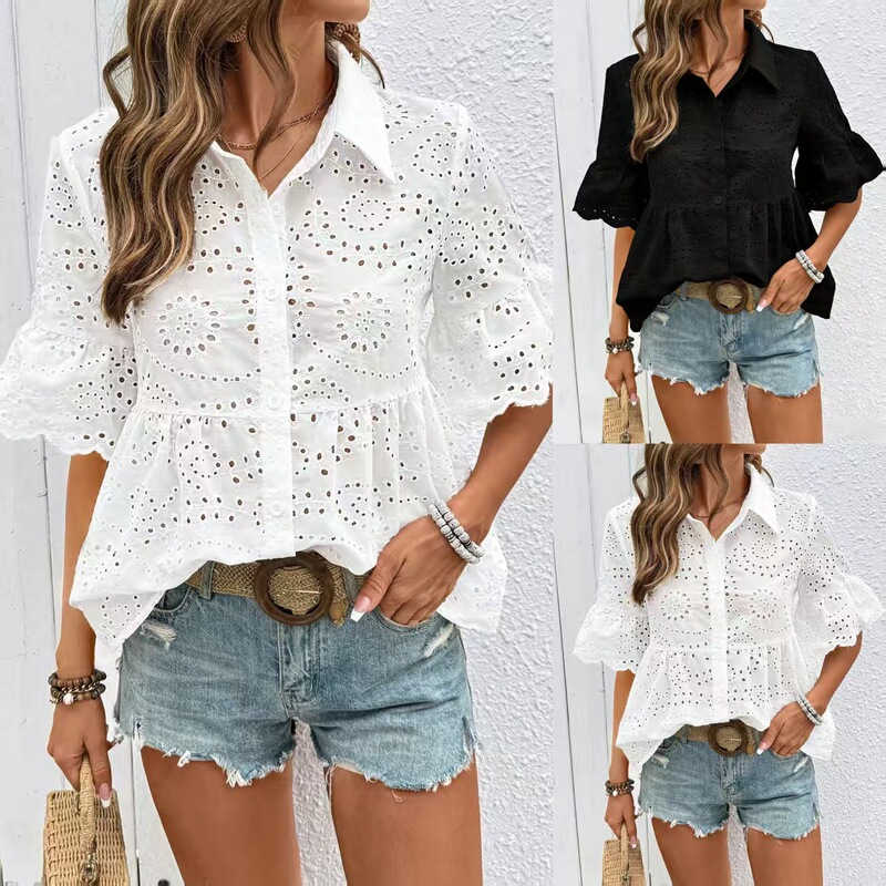 2026 Summer New European and American Style Women's Short-Sleeve Shirt with a Turn-Down Collar and Hollow Embroidery, French Casual Unique Niche Top 2026 Summer New European and American Style Women's Short-Sleeve Shirt with a Turn-Down Collar and Hollow Embroidery, French Casual Unique Niche Top