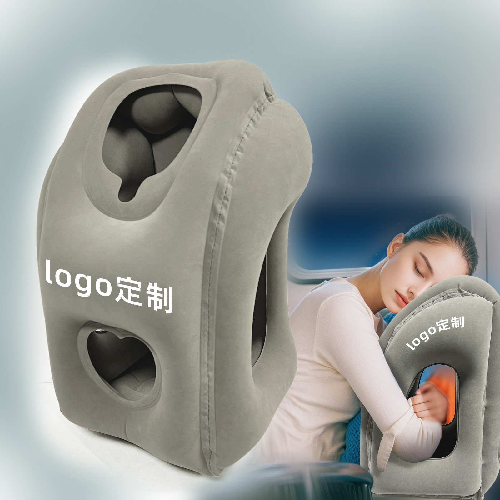 旅行充气枕头植绒pvc充气抱枕午休趴睡枕长途火车飞机便携抱枕