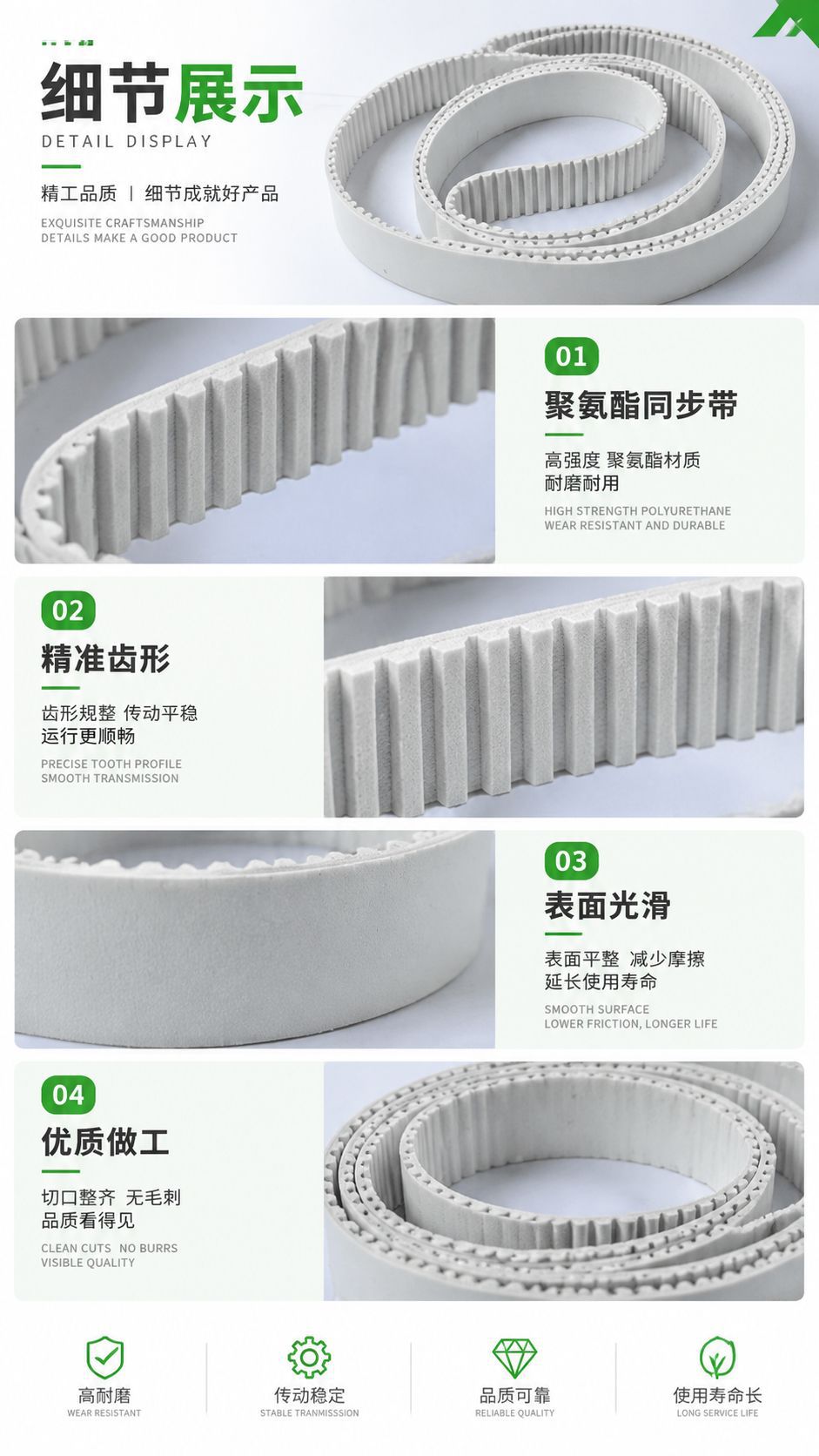 White PU synchronous belt, polyurethane steel wire transmission belt, AT10, AT20 toothed industrial belt, custom-made by the manufacturer