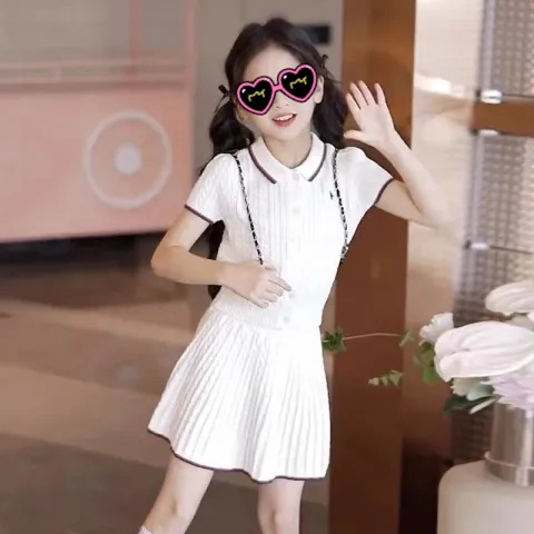 夏季新品女童针织衫套装短袖翻领开衫半截裙两件套学院风上衣半裙